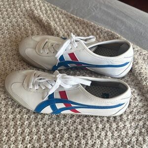 Onitsuka Tiger by Asics White Sneakers with Blue and Red Stripes